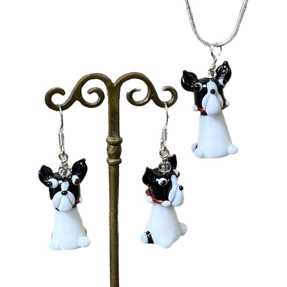 Charming Glass Bulldog Jewelry Set - Earrings and Necklace - Picture 4 of 6